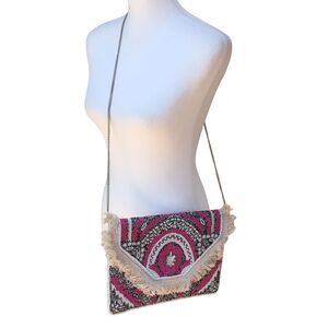 Lobe Love Pink and Cream Boho Embroidered Gypsy Fringe Bead Cross Body Bag‎